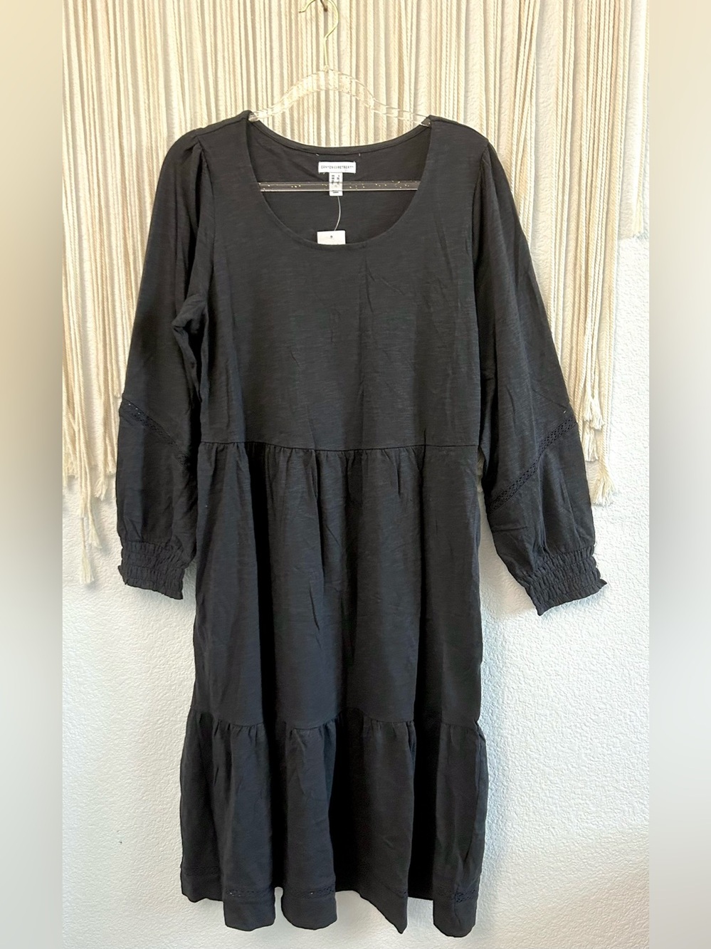 Denim & Co. Canyon Retreat Easy Midi Tiered Dress Washed Black Long Sleeve - Picture 3 of 16
